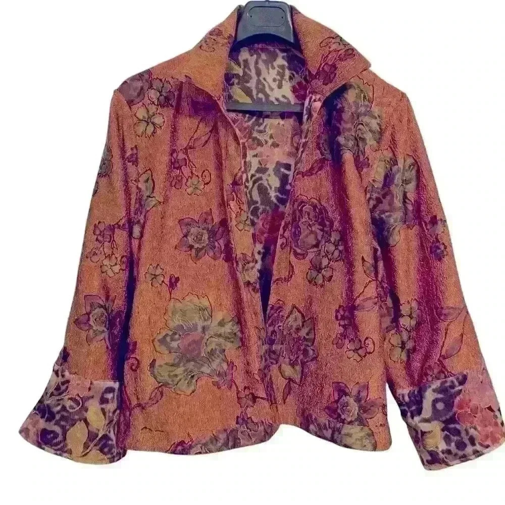 Coldwater Creek Animal Rose Shimmer Floral Print Reversible Jacket Size L Boho - Picture 6 of 16